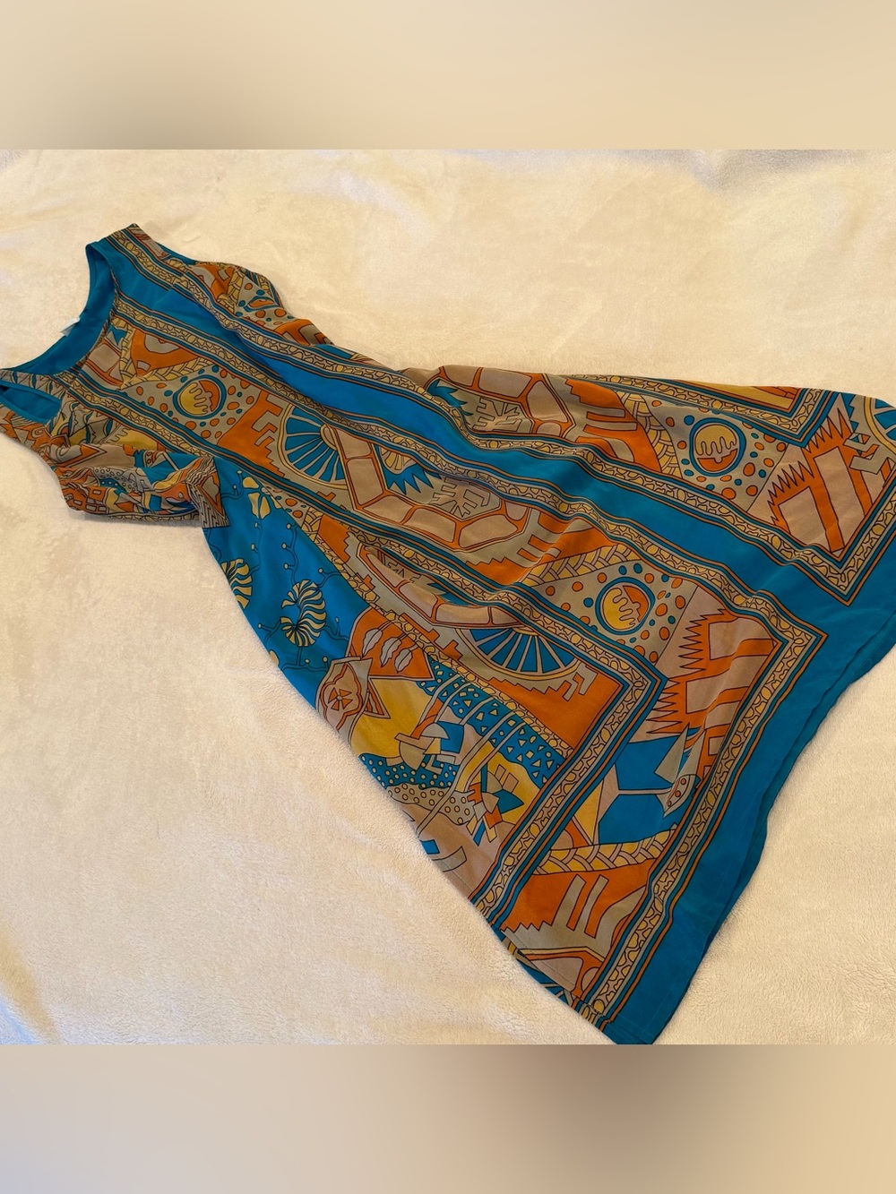 Anthropologie Silk Blue & Orange Print Dress